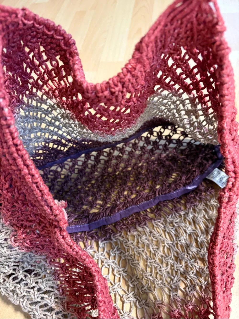 Free People Handwoven Jute Crochet Open Weave Striped Tote Mauve Tan & Plum